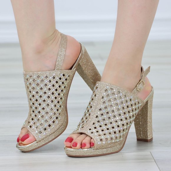 Sparkly Rhinestone Glitter Champagne Platform High Heels Open Toe Party Shoes - Picture 4 of 14